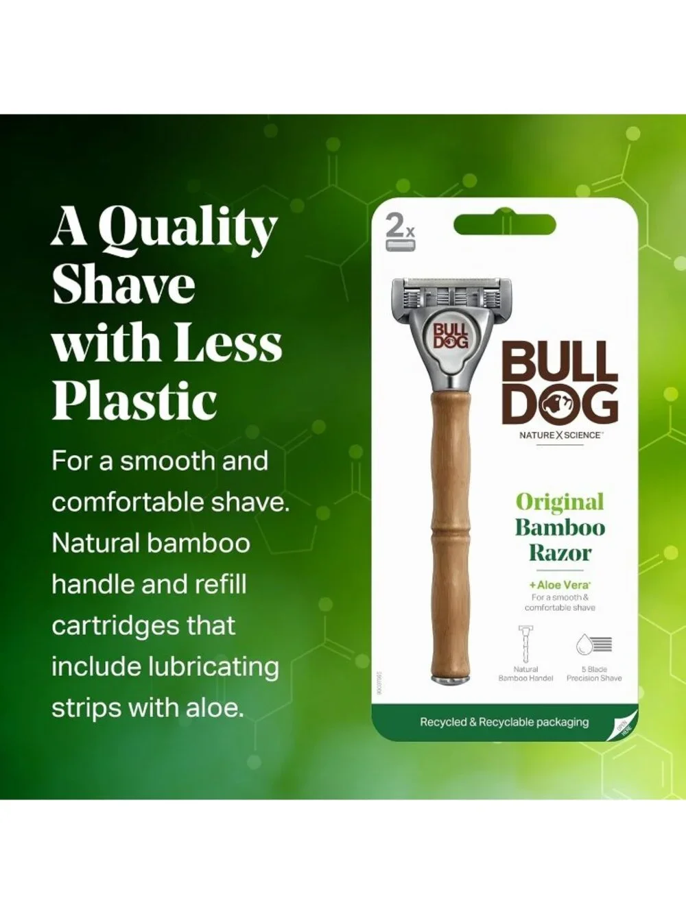 2 PK Bulldog Skincare Original Bamboo Razor Reusable Cartridge Razor + 2 refills